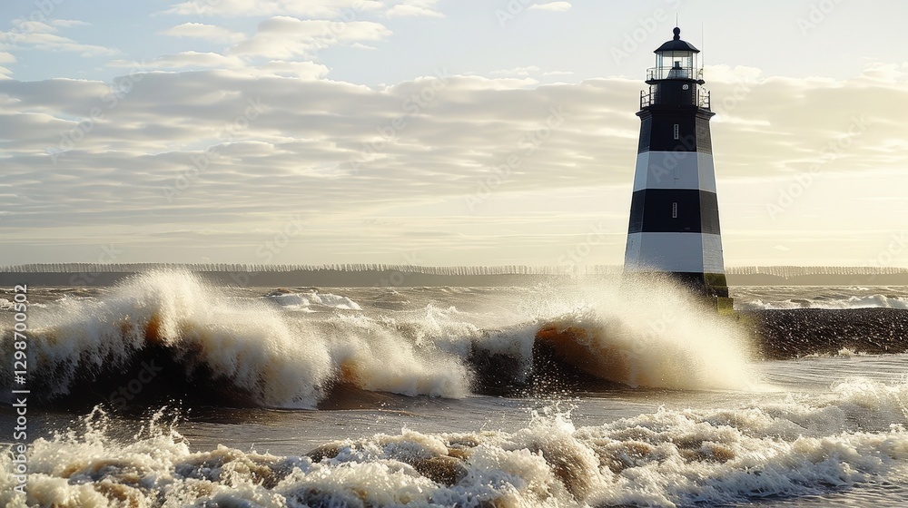 Obraz premium Waves Crash Dramatically Over a Black and White Lighthouse at Sunset on a Turbulent Coastal Shore