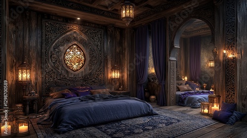 Dark, Luxurious Bedroom with Intricate Wood Carvings