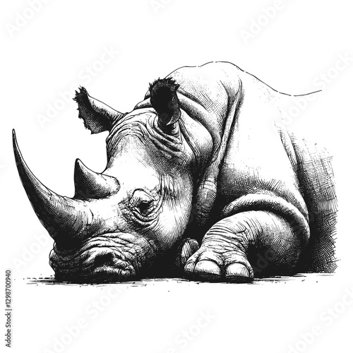 Rhino sleeping line art drawing ink sketch vector hand drawn illustration background dreaming in the meadow sleeping