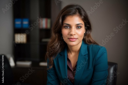 Young South Asian woman with wavy brown hair in teal blazer, seated in office