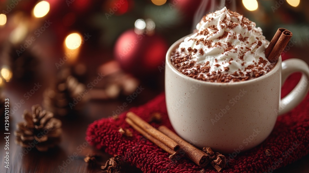 Festive mug of hot chocolate with cream on a red cloth, pine cones, and holiday lights backdrop Festive mug of hot chocolate with cream on a red cloth, pine cones, and holiday lights backdrop