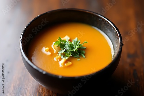 A dark bowl of pumpkin soup is garnished with parsley on wood.