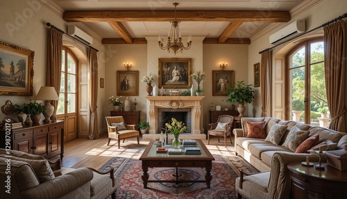 Luxurious living room showcasing classic design, natural light, and inviting furniture for a relaxing and elegant atmosphere.