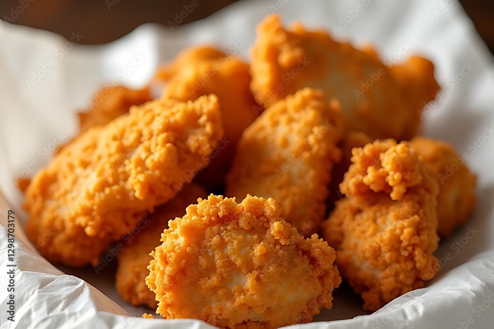 A heap of crispy golden fried chicken nuggets rests on white parchment paper. A heap of crispy golden fried chicken nuggets rests on white parchment paper.