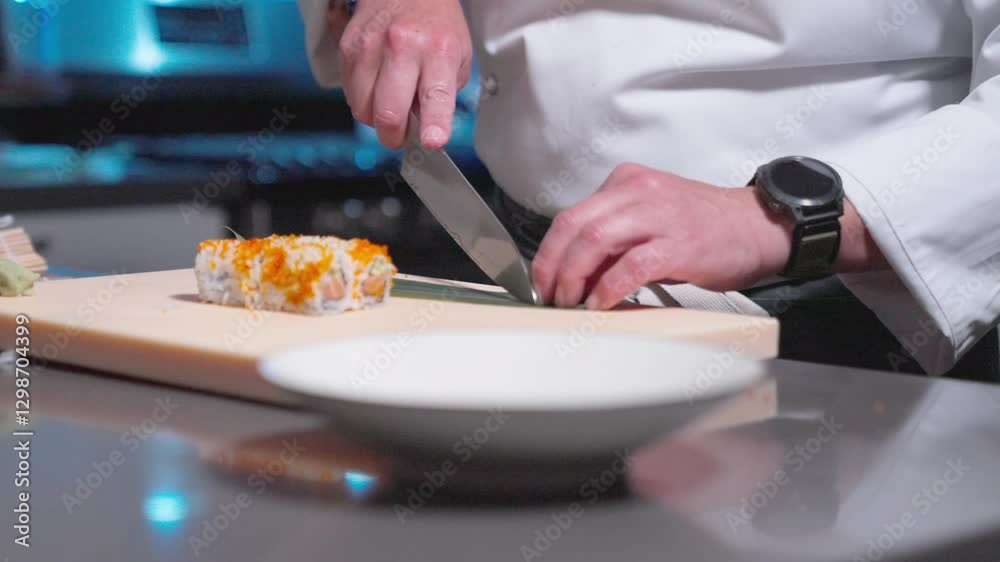 A static shot shows a sushi chef placing sushi rolls and decorative garnishes into a sushi bowl, highlighting the artful presentation. Perfect for culinary, sushi, and food prep content. A static shot shows a sushi chef placing sushi rolls and decorative garnishes into a sushi bowl, highlighting the artful presentation. Perfect for culinary, sushi, and food prep content.