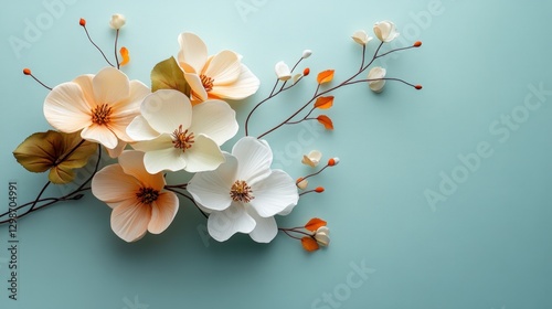 Floral arrangement with delicate blossoms on light blue background