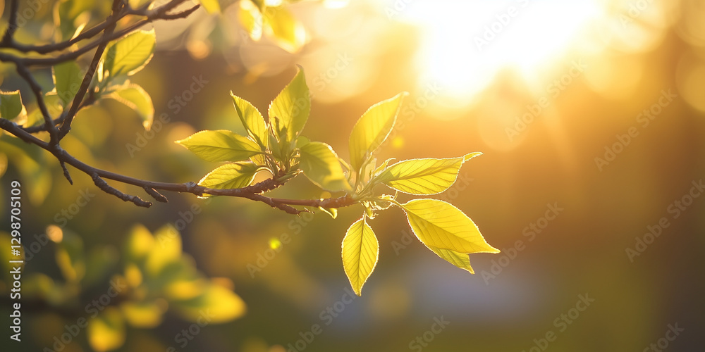 Sunlight illuminates spring leaves on tree branches, showcasing vibrant colors and growth. Sunlight illuminates spring leaves on tree branches, showcasing vibrant colors and growth.
