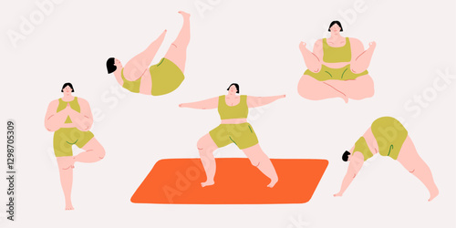 Woman in various yoga poses on a mat wearing workout clothes