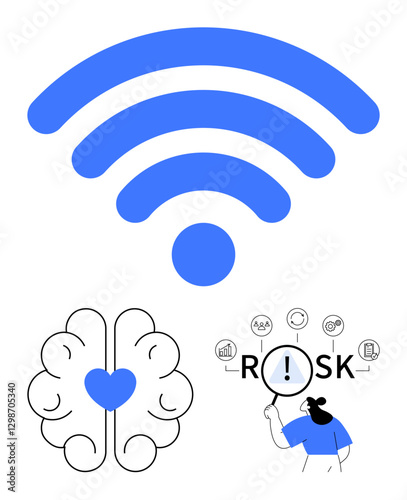 wireless icon, brain with heart for emotional intelligence, person examining risk using magnifying glass. Ideal for connectivity, technology, analysis, decision-making, problem-solving, innovation