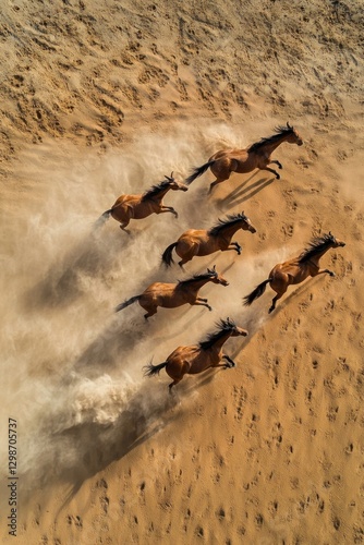 Horses running at desert nature aerial landscape.