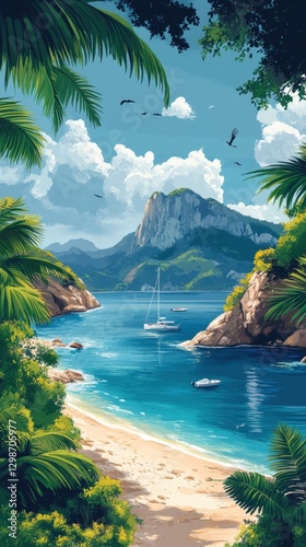Scenic Tropical Beach with Lush Green Foliage, Idyllic Azure Waters, and Boats Anchored, Framed by Mountains Under a Vibrant Blue Sky.