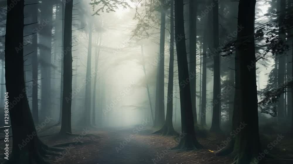 A mysterious foggy forest with tall, bare trees and a dark pathway leading into the mist. The eerie atmosphere creates a sense of mystery, solitude, and adventure in the wilderness