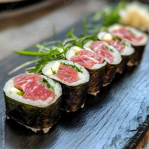 Raw Beef Sushi Rolls Wrapped in Nori – A Carnivore Diet Delicacy - Elegant Wagyu Beef Sushi Rolls – A Gourmet Carnivore Meal photo