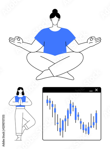 Person meditating in lotus pose, another in yoga pose, stock market chart. Ideal for mindfulness, financial planning, workplace wellness, stress management, mental health, fitness apps holistic