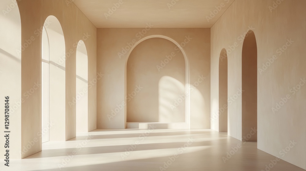 Obraz premium Minimalist beige interior with elegant arched windows, soft natural lighting, and a serene, modern aesthetic