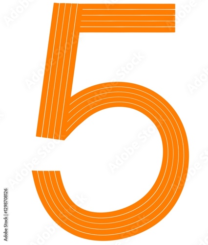 Orange number five,  stylized with overlapping lines, on a white background.
