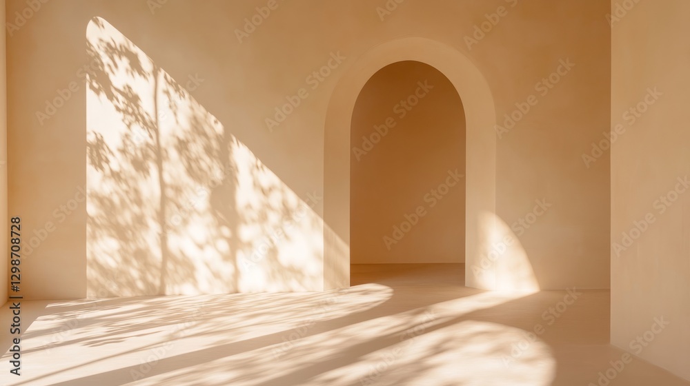 Minimalist home design with beige walls, delicate arches, and sunlight casting soft patterns across the space Minimalist home design with beige walls, delicate arches, and sunlight casting soft patterns across the space