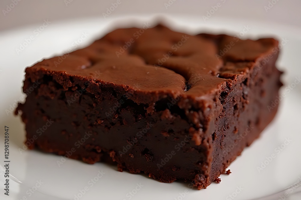 Close-up view of a chocolate brownie on a white plate. Close-up view of a chocolate brownie on a white plate.