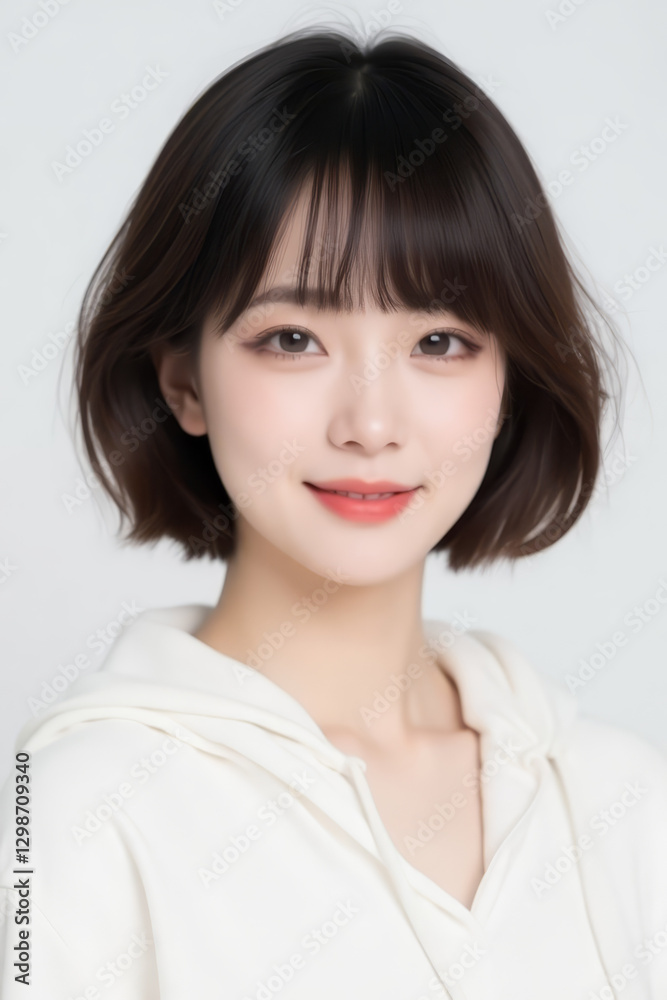 Female Asian Model with Short Hair - Young Beautiful Woman with Bob Haircut - Studio Portrait of Asian Beauty for Fashion, Cosmetic, Skincare - Posing on White Background - Smooth Hair Female Asian Model with Short Hair - Young Beautiful Woman with Bob Haircut - Studio Portrait of Asian Beauty for Fashion, Cosmetic, Skincare - Posing on White Background - Smooth Hair