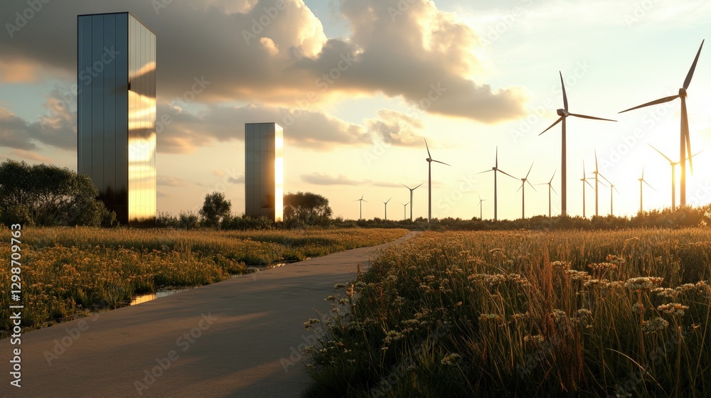 wind turbines and modern architecture in a field at sunset wind turbines and modern architecture in a field at sunset