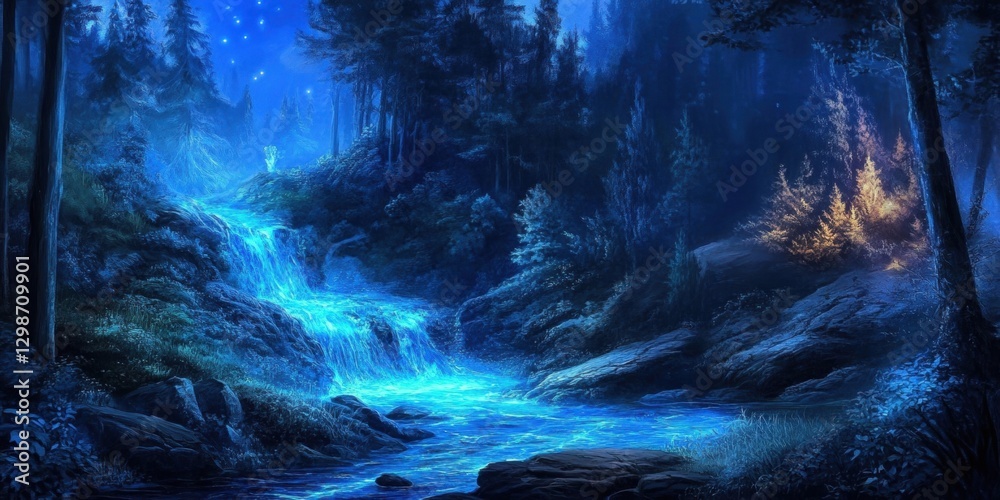 Fototapeta premium Enchanting blue waterfall cascading through a serene forest at twilight with sparkling stars above