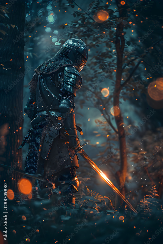 Fototapeta premium Warrior's Vigil in a Mystical Twilight Forest Glade with Ancestral Saber