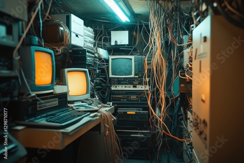 Old cluttered computer room with obsolete technology