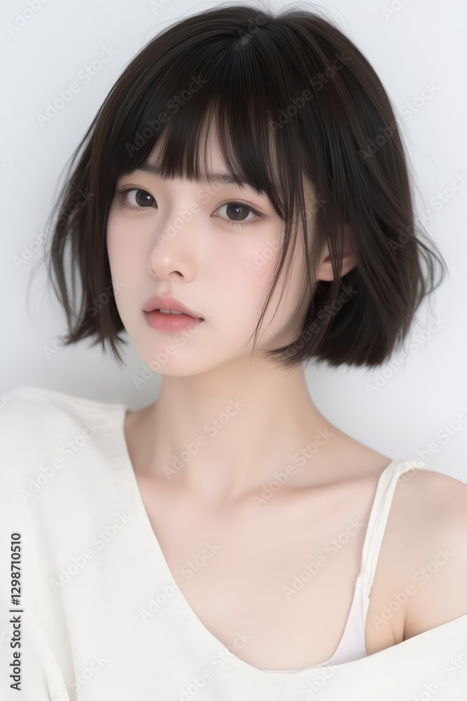 Female Asian Model with Short Hair - Young Beautiful Woman with Bob Haircut - Studio Portrait of Asian Beauty for Fashion, Cosmetic, Skincare - Posing on White Background - Smooth Hair Female Asian Model with Short Hair - Young Beautiful Woman with Bob Haircut - Studio Portrait of Asian Beauty for Fashion, Cosmetic, Skincare - Posing on White Background - Smooth Hair