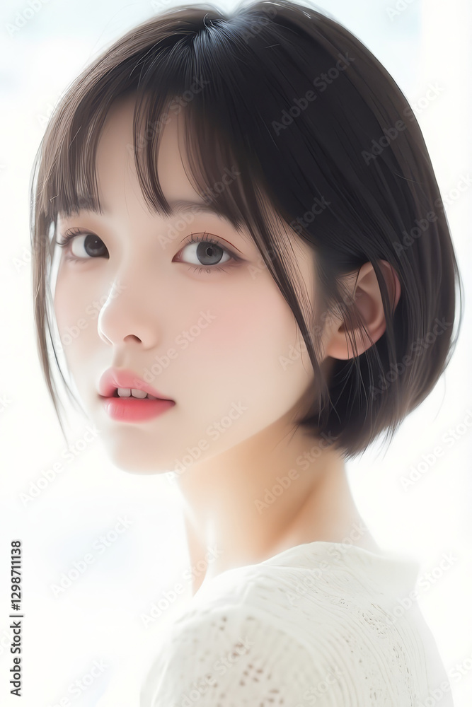 Fototapeta premium Female Asian Model with Short Hair - Young Beautiful Woman with Bob Haircut - Studio Portrait of Asian Beauty for Fashion, Cosmetic, Skincare - Posing on White Background - Smooth Hair