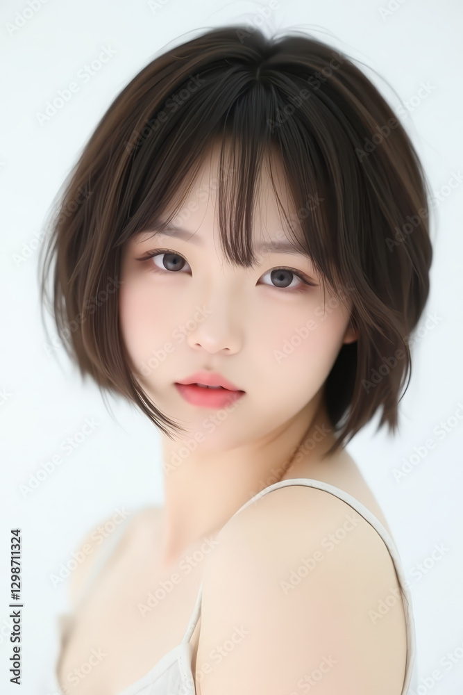 Female Asian Model with Short Hair - Young Beautiful Woman with Bob Haircut - Studio Portrait of Asian Beauty for Fashion, Cosmetic, Skincare - Posing on White Background - Smooth Hair Female Asian Model with Short Hair - Young Beautiful Woman with Bob Haircut - Studio Portrait of Asian Beauty for Fashion, Cosmetic, Skincare - Posing on White Background - Smooth Hair