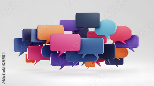 Vibrant Cluster of Diverse Colorful Speech Bubbles. A collection of glossy, colorful speech bubbles in various shapes and sizes overlap against a clean, light background, symbolizing communication.