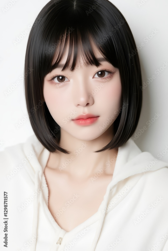 Female Asian Model with Short Hair - Young Beautiful Woman with Bob Haircut - Studio Portrait of Asian Beauty for Fashion, Cosmetic, Skincare - Posing on White Background - Smooth Hair Female Asian Model with Short Hair - Young Beautiful Woman with Bob Haircut - Studio Portrait of Asian Beauty for Fashion, Cosmetic, Skincare - Posing on White Background - Smooth Hair