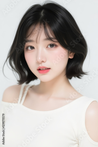 Female Asian Model with Short Hair - Young Beautiful Woman with Bob Haircut - Studio Portrait of Asian Beauty for Fashion, Cosmetic, Skincare - Posing on White Background - Smooth Hair