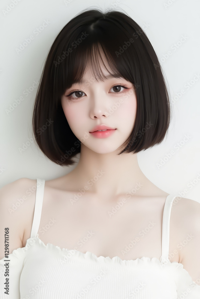 Female Asian Model with Short Hair - Young Beautiful Woman with Bob Haircut - Studio Portrait of Asian Beauty for Fashion, Cosmetic, Skincare - Posing on White Background - Smooth Hair Female Asian Model with Short Hair - Young Beautiful Woman with Bob Haircut - Studio Portrait of Asian Beauty for Fashion, Cosmetic, Skincare - Posing on White Background - Smooth Hair