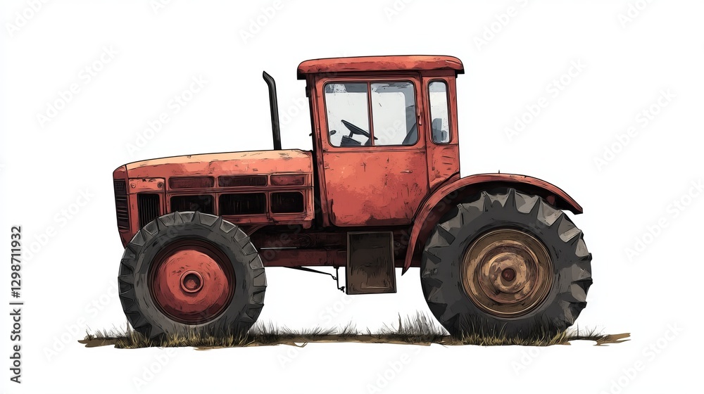 Fototapeta premium Vintage Red Farm Tractor Illustration Powerful Agricultural Machinery Rustic Style Detailed Drawing of Old Tractor Equipment for Rural Theme Design 