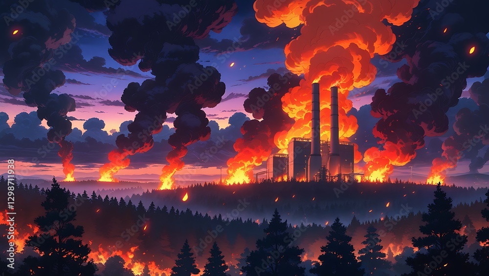 Fototapeta premium Industrial factory Intense and Realistic Fantasy Artwork of a Raging Forest Fire Sweeping Through the Wilderness at Dusk
