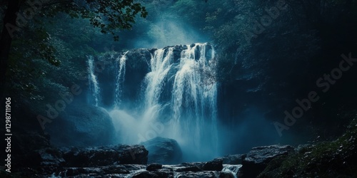 Cascading waterfall surrounded by lush greenery in a misty forest setting during early morning hours