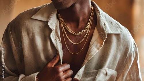 Elegant Man in Beige Shirt with Layered Gold Necklaces.  A stylish man wearing a beige linen shirt, unbuttoned to reveal his chest, adorned with three layered gold chain necklaces. photo