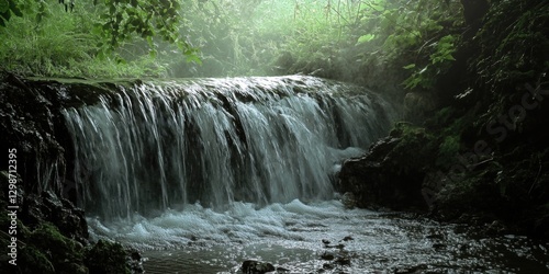 Serene waterfall cascading over rocks in a lush forest setting during morning light