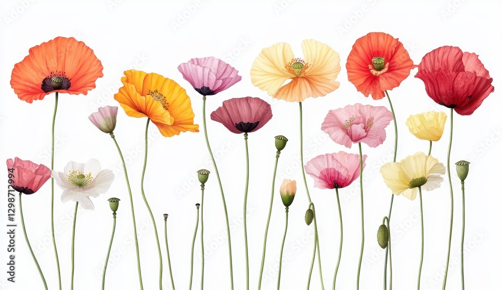 Obraz premium Vibrant Collection of Colorful Poppies on White Background
