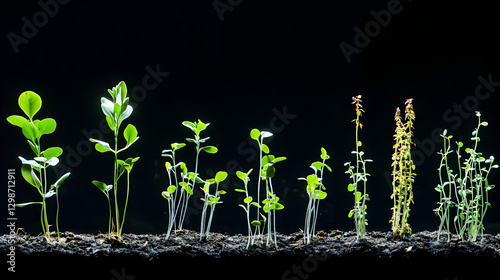 of small seedlings growing into tall, healthy plants, captured in a time-lapse effect 
