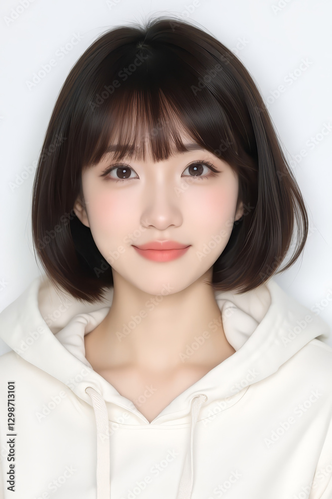 Female Asian Model with Short Hair - Young Beautiful Woman with Bob Haircut - Studio Portrait of Asian Beauty for Fashion, Cosmetic, Skincare - Posing on White Background - Smooth Hair Female Asian Model with Short Hair - Young Beautiful Woman with Bob Haircut - Studio Portrait of Asian Beauty for Fashion, Cosmetic, Skincare - Posing on White Background - Smooth Hair