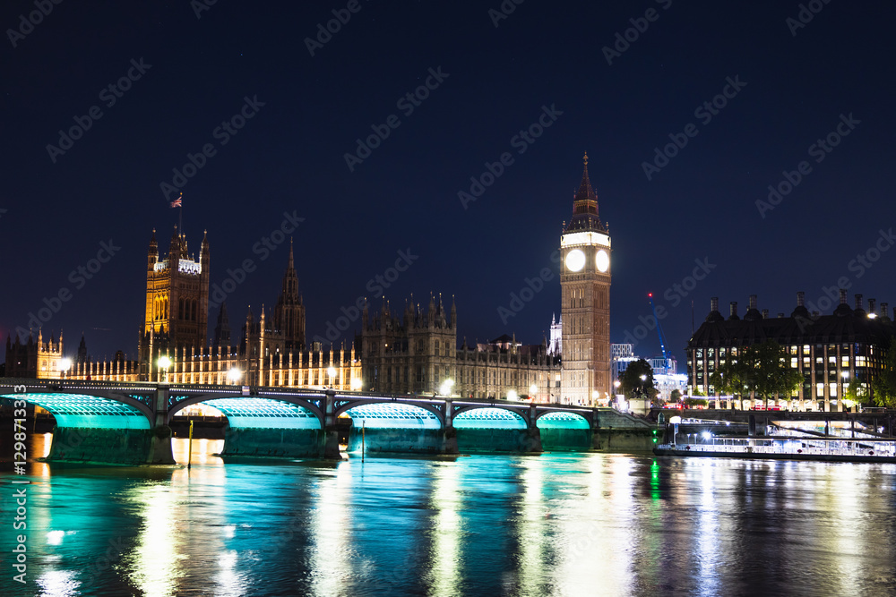 Naklejka premium Big Ben and Westminster Bridge Illuminated at Night With Reflections on the Thames