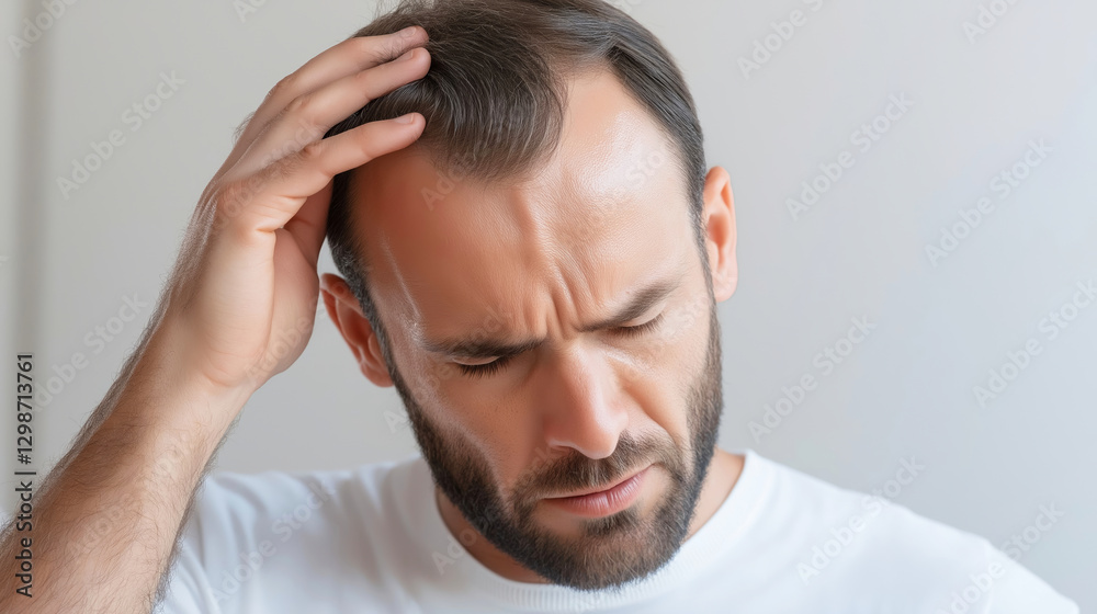 Sad man touching his hair experiencing hair loss and balding Sad man touching his hair experiencing hair loss and balding