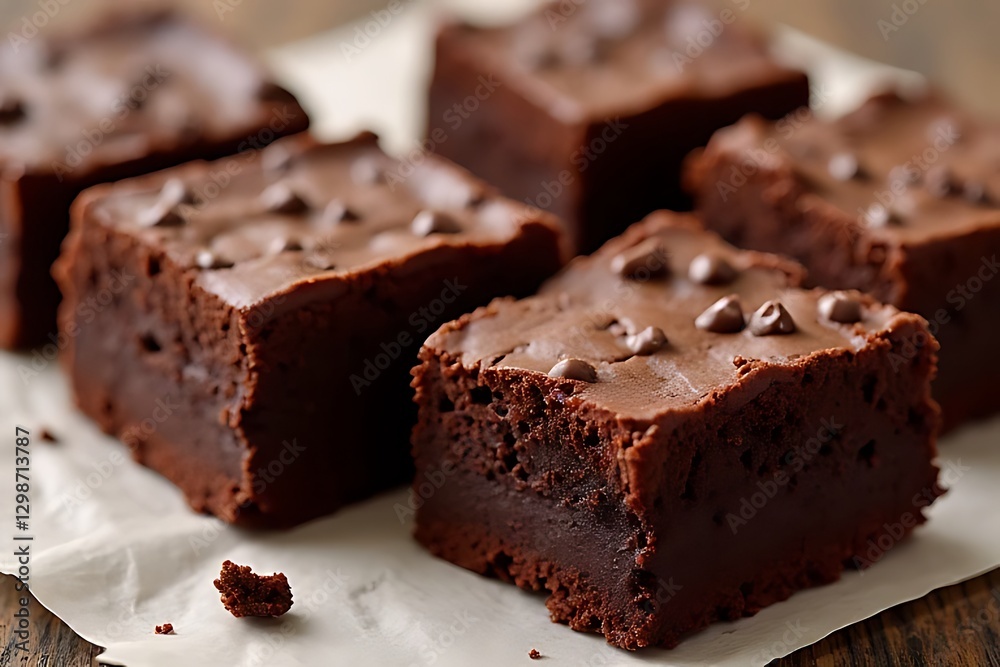 Rows of delicious chocolate brownies are sprinkled with chocolate chips and served on parchment paper. Rows of delicious chocolate brownies are sprinkled with chocolate chips and served on parchment paper.