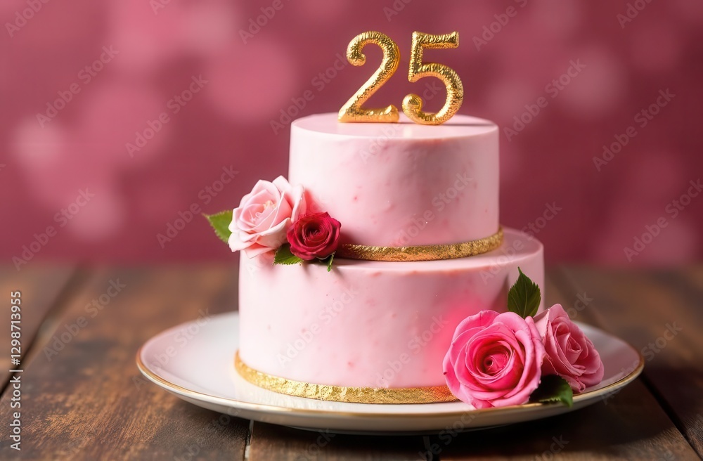 Fototapeta premium Two-tiered pink cake with gold number 25 and flowers