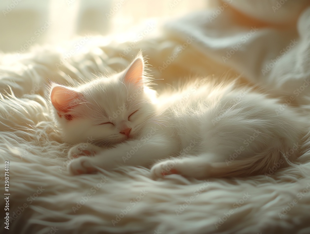 Obraz premium Cute White Kitten Sleeping Peacefully on a Fluffy Bed