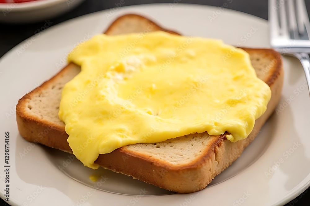 Scrambled eggs sit on a slice of toasted bread on a plate. Scrambled eggs sit on a slice of toasted bread on a plate.