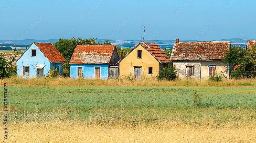 Fototapeta premium Rustic Old Houses in a Wheat Field Summer Landscape