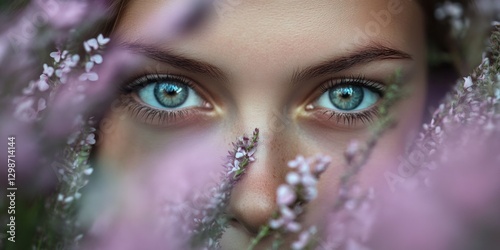 Close-up of a young woman’s expressive eyes framed by blooming purple flowers in a natural setting during daylight